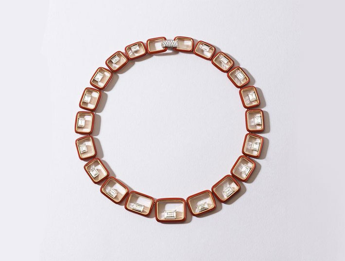 Collana Tokyo in resina tonalità Royal Zest, diamanti e oro rosa 