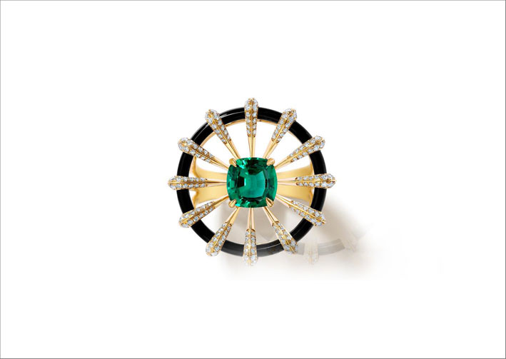 Anello Borsh Discus in oro 18 carati, smalto, diamanti, smeraldo