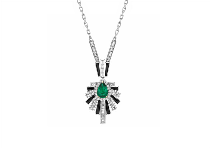 Collana con pendente in diamanti, onice, smeraldo