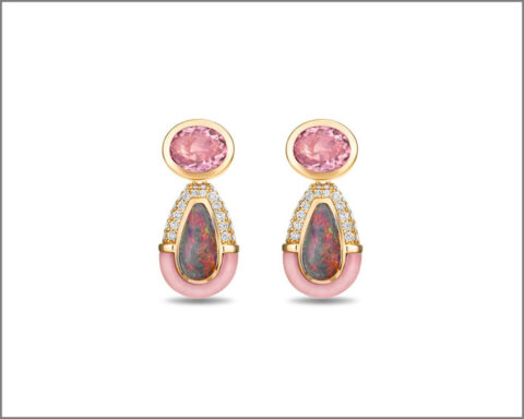 Orecchini scomponibili in tre elementi con diamanti, morganite e tormalina