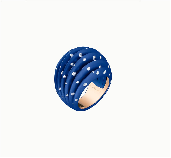 Anello in titanio blu, oro rosa, diamanti