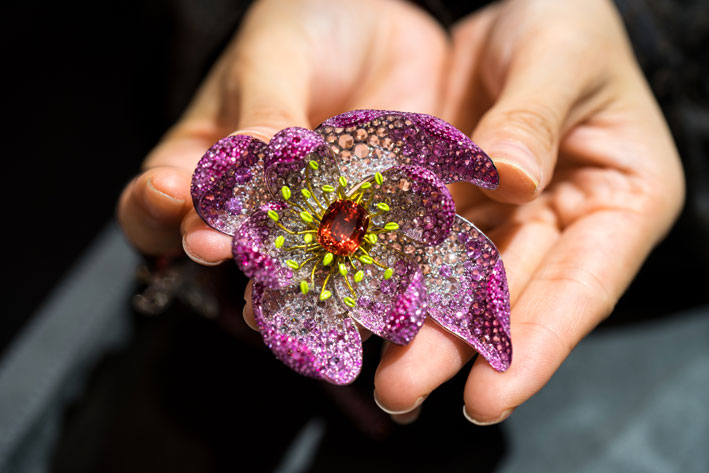 Spilla anemone, con rubino di 5,6 carati, diamanti bianchi e rosa, titanio