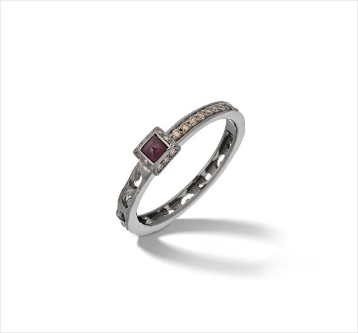 Orion Ring, 18kt Black Gold Champagne, Diamonds, Ruby Sapphires