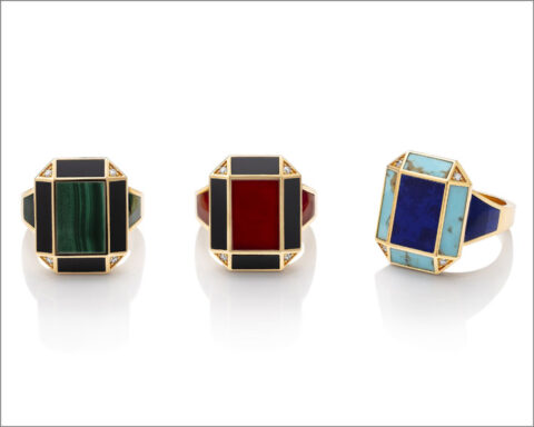 Rose gold rings with malachite, black jade, carnelian, lapis lazuli, turquoise and diamonds