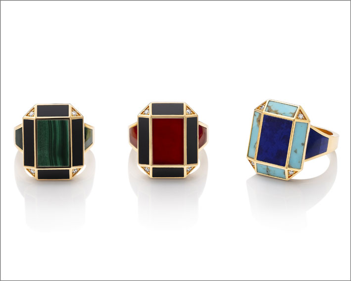 Rose gold rings with malachite, black jade, carnelian, lapis lazuli, turquoise and diamonds