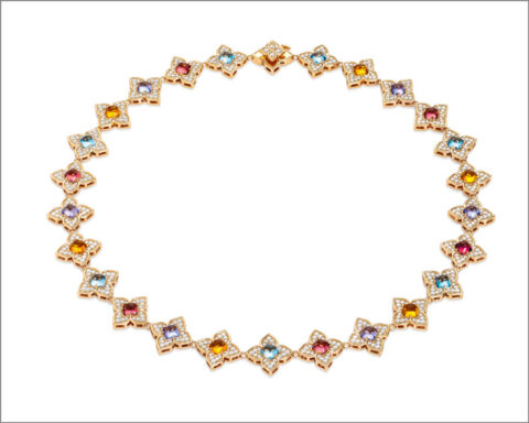 Rose gold necklace with diamond pavé, tanzanite, citrine, light blue topaz and tourmaline