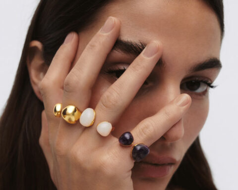 Anelli in argento placcato oro con ametista e quarzo milky