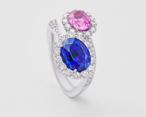 Anello moi et toi in oro bianco, diamanti, zaffiro rosa, tanzanite