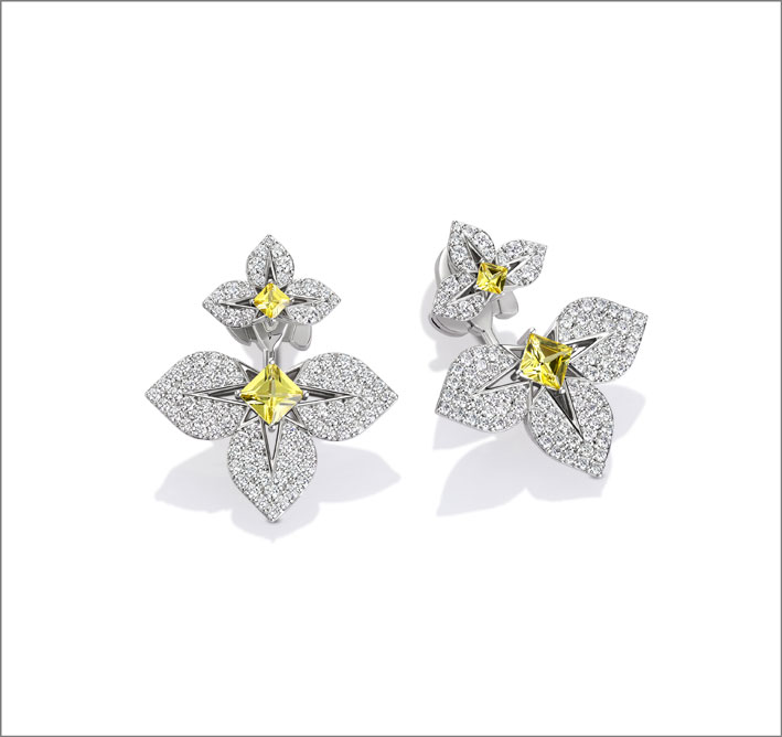 Princess Star di Roberto Coin 3 Orecchini in oro bianco, diamanti e zaffiri gialli