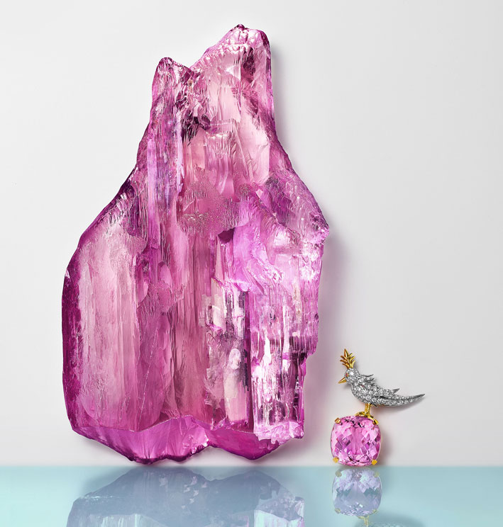 La kunzite da oltre 7.500 carati, con la spilla Bird on a Rock