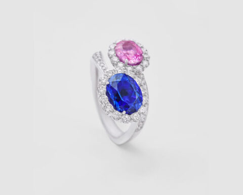Anello moi et toi con zaffiri blu e rosa, diamanti