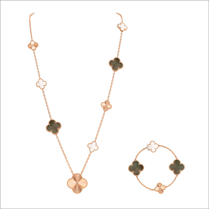 Nuovi gioielli Alhambra di Van Cleef & Arpels 4 Sautoir trasformabile Magic Alhambra in oro rosa e madreperla