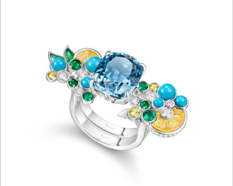 Anello a forma di scorza di lime con citrino, smeraldi rotondi brillanti e cabochon, cabochon di turchese, zaffiri gialli e diamanti, crisoprasio