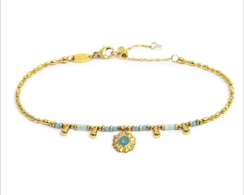 Marlù, bracciale in acciaio pvd oro con catena a chicco di riso, pendente con cristallo