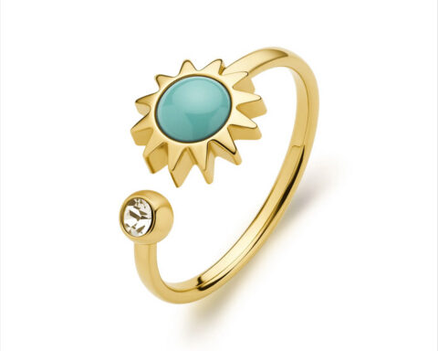 Anello regolabile in acciaio 316L e finitura pvd oro 14K con sole con smalto azzurro e cristallo