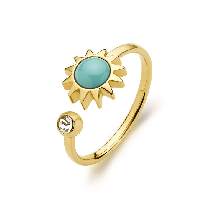 Anello regolabile in acciaio 316L e finitura pvd oro 14K con sole con smalto azzurro e cristallo