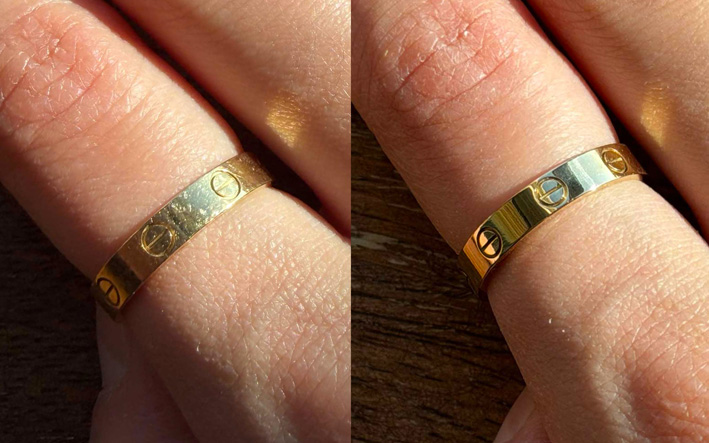 Anello Cartier prima e dopo il trattamento anti-graffi
