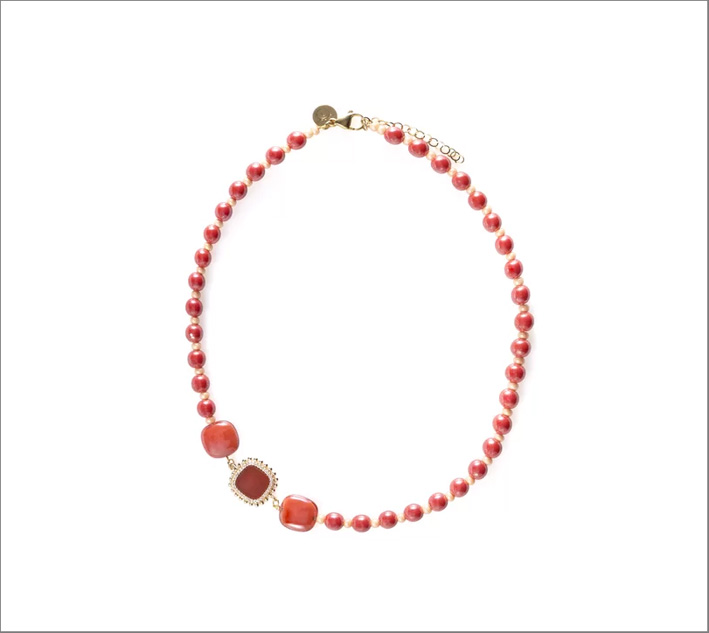 Murrinamurano Venezia Schmuck 2 Collana girocollo Bloom rosso in vetro di Murano, acciaio, ottone, corniola