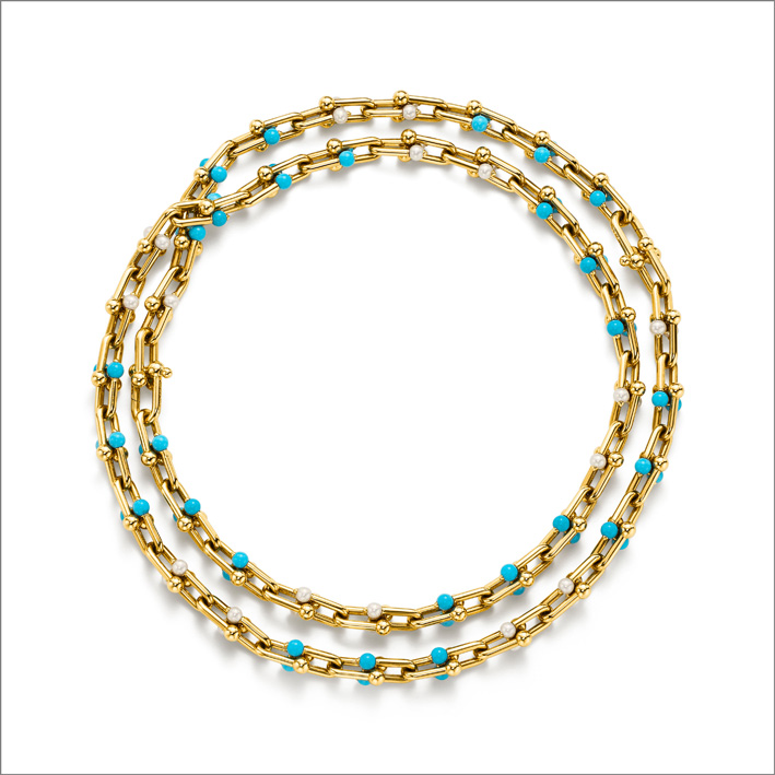 Tiffany & Co, collana in oro con turchese e perle
